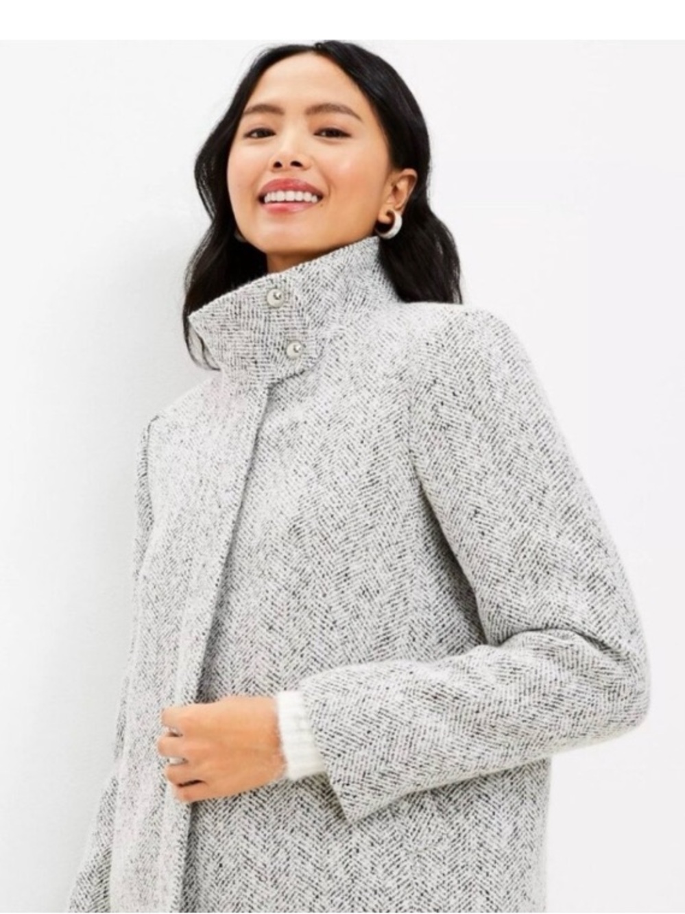 LOFT Boucle Funnel Neck Herringbone Coat Size XS